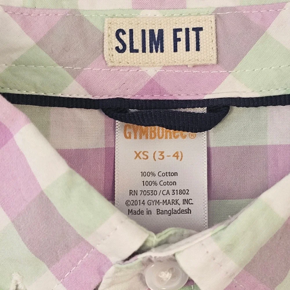 Gymboree Boys XS 3-4 Slim Fit Gingham Button‎ Down Shirt Purple Green Check